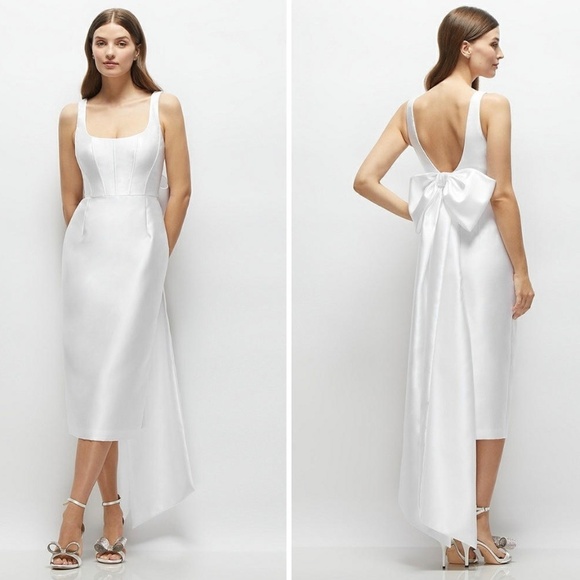 Alfred Sung Scoop Neck Corset Satin Midi Dress With Floor-Length Bow Size 0 - Picture 1 of 10